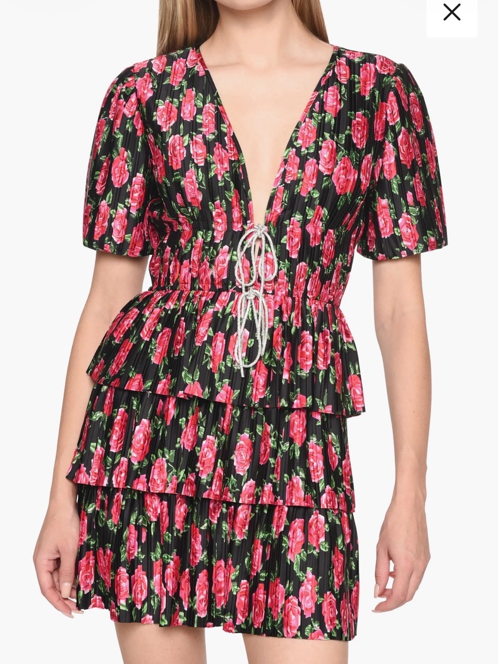 Wayf Black Dress with Pink Rose Print and Tiered Pleats